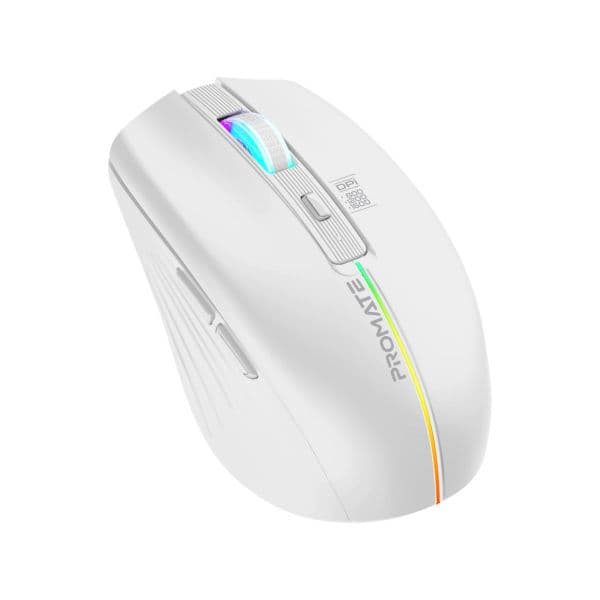 PROMATE Ergonomic Wireless Optical Mouse W/ LED Rainbow Lights & 500mAh Rechargable Battery KITT-WHT