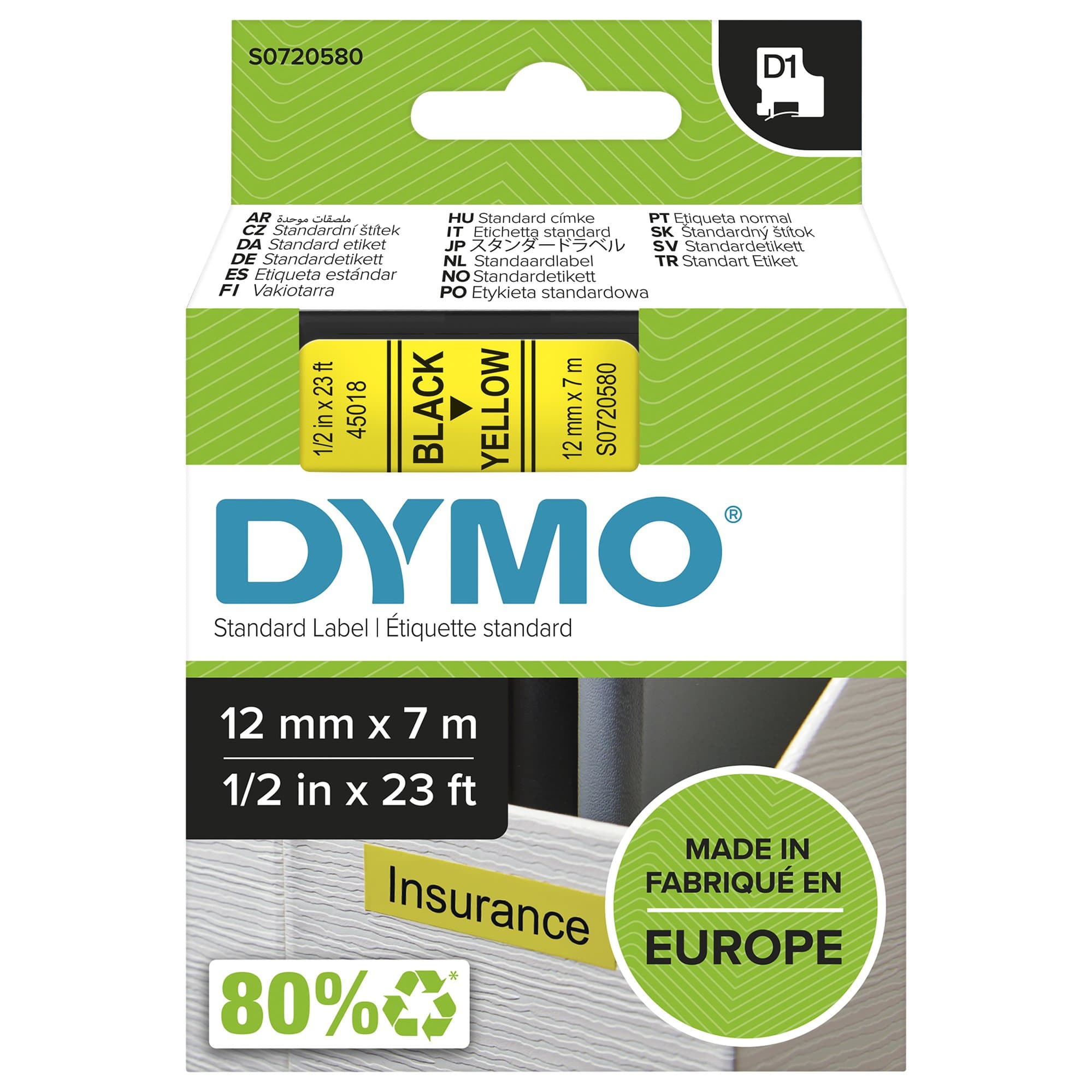 Dymo DYMO Genuine D1 Label Cassette Tape 12mm x 7M, Black on Yellow S0720580