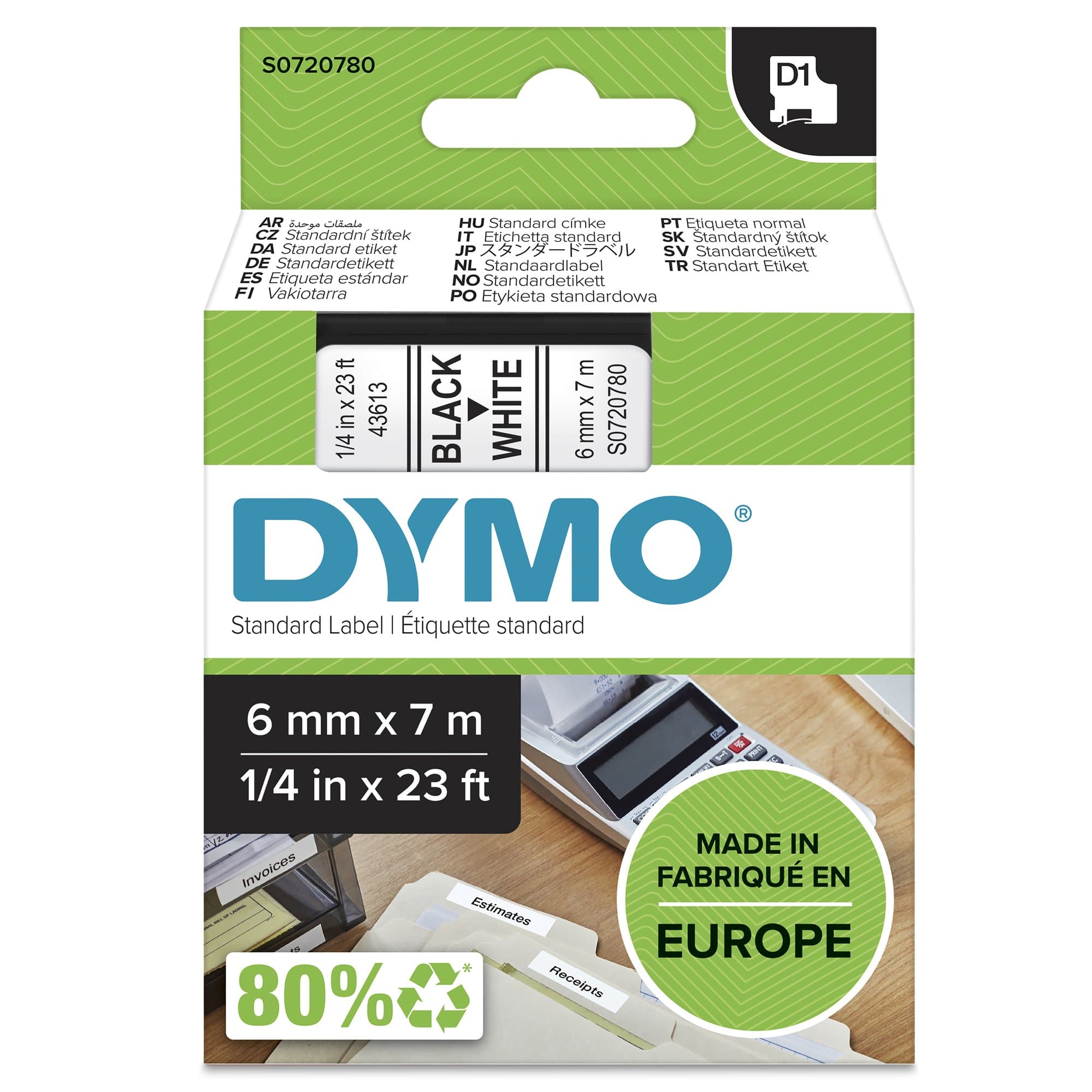 Dymo DYMO Genuine D1 Label Cassette Tape 6mm x 7M, Black on White S0720780