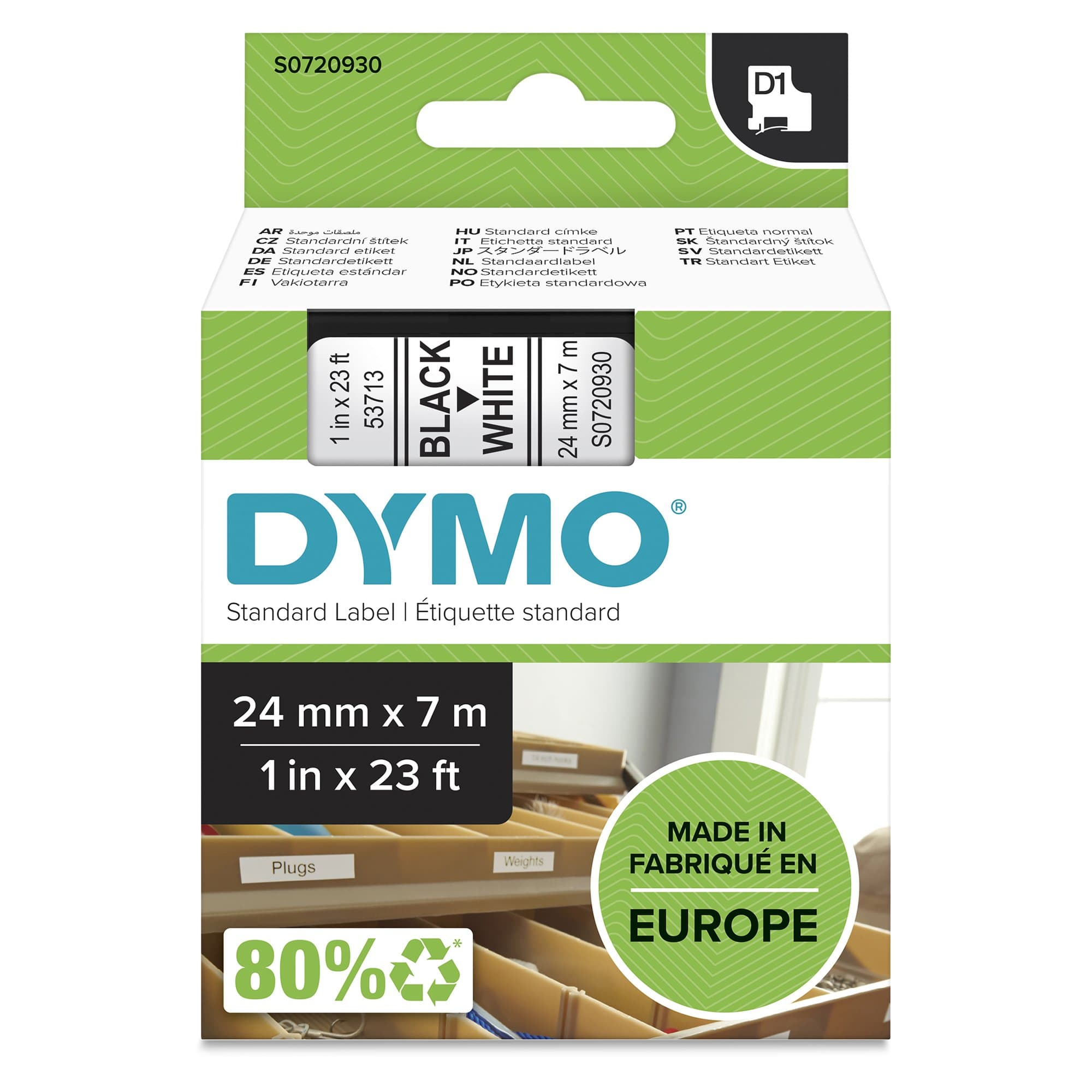 Dymo DYMO Genuine D1 Label Cassette Tape 24mm x 7M, Black on White S0720930