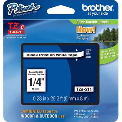 Brother Brother TZe-211 6mm x 8m Black on White Tape TZE211