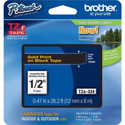 Brother Brother TZe-334 12mm x 8m Gold on Black Tape TZE334