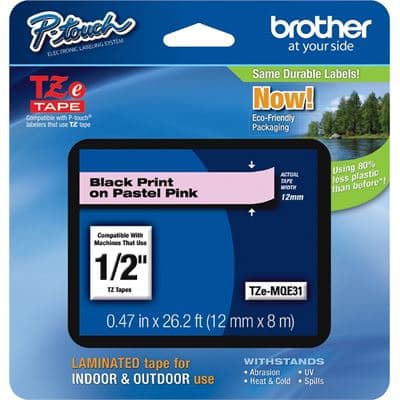 Brother Brother TZe-MQE31 12mm x 4m Black on Pastel Pink Tape TZEMQE31